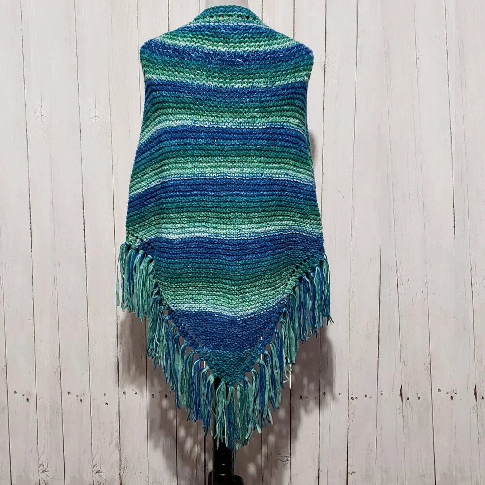 NEW Blue Green Ombre‎ Hand Knitted Shawl Wrap Scarf Boho Coastal Indie Artsy Mod